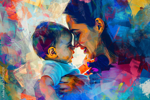 A mom and baby portrayed in a contemporary, abstract art style with bold colors.