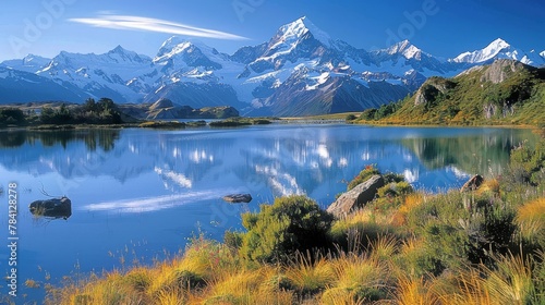 Stunning New Zealand landscape with snow-covered mountains and crystal clear lake.