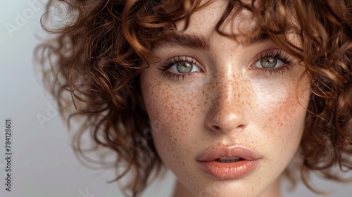 Beautiful brown haired with stylish short hairstyle. Woman with a curly hair. Beautiful young woman with freckles on face.