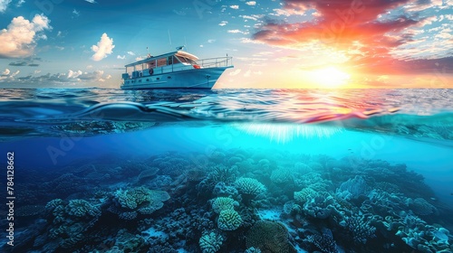beautiful sunlight seaview safari dive boat in tropical sea with deep blue underneath splitted by waterline. Design template photo