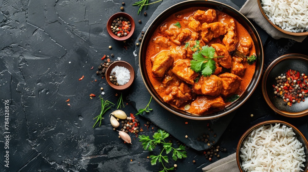 Chicken meat with tikka masala sauce, spicy curry food in a bowl with rice and seasonings, top view Chicken meat with tikka masala sauce, spicy curry food in a bowl with rice and seasonings, top view