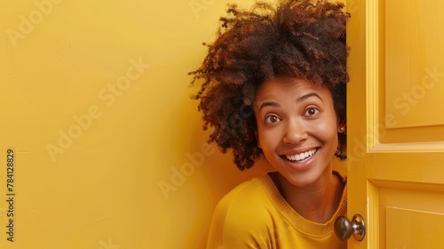 Cheerful woman inviting people to enter in home