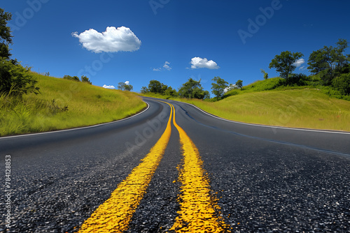 "Curving asphalt road with vibrant double yellow lines on a sunny day
