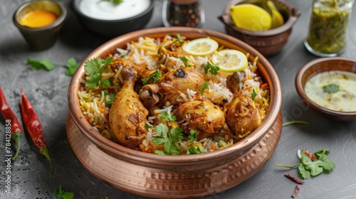 Chicken dhum biriyani using jeera rice and spices arranged in earthen ware with raitha and lemon pickle on grey background.