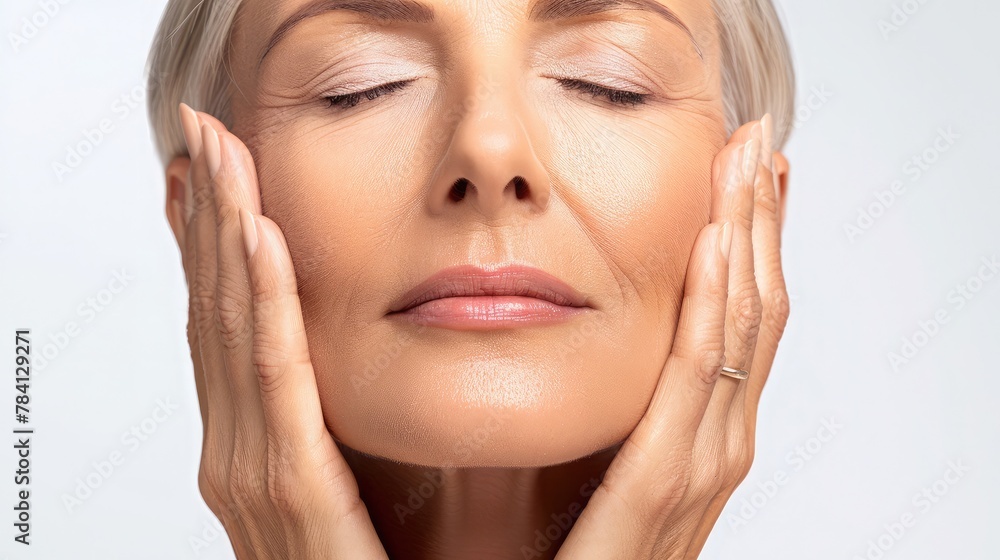 Gorgeous senior older woman with closed eyes touching her perfect skin. Beautiful portrait mid 50s aged woman advertising facial antiage lift products salon care tighten skin isolated on white Gorgeous senior older woman with closed eyes touching her perfect skin. Beautiful portrait mid 50s aged woman advertising facial antiage lift products salon care tighten skin isolated on white