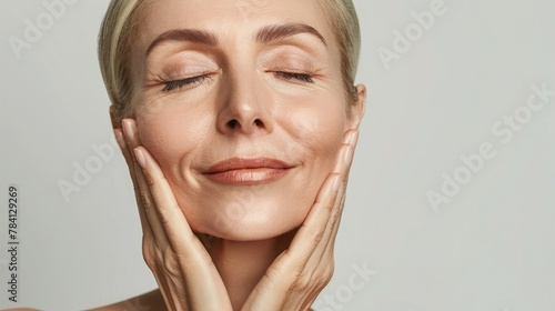 Gorgeous senior older woman with closed eyes touching her perfect skin. Beautiful portrait mid 50s aged woman advertising facial antiage lift products salon care tighten skin isolated on white