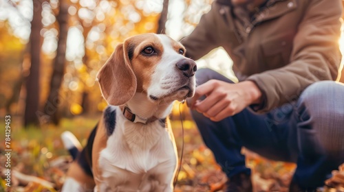 Man petting his dog friend. Beagle dog enjoying communication with his owner during outdoor walking photo