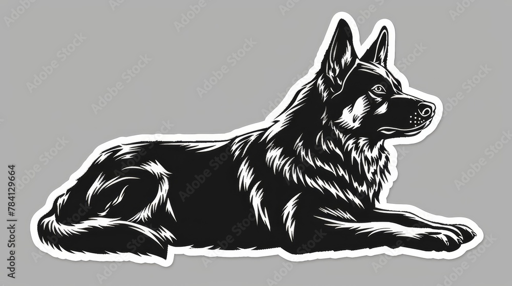 A black and white illustration of a German Shepherd dog in a lying down position. - obrazy, fototapety, plakaty 
