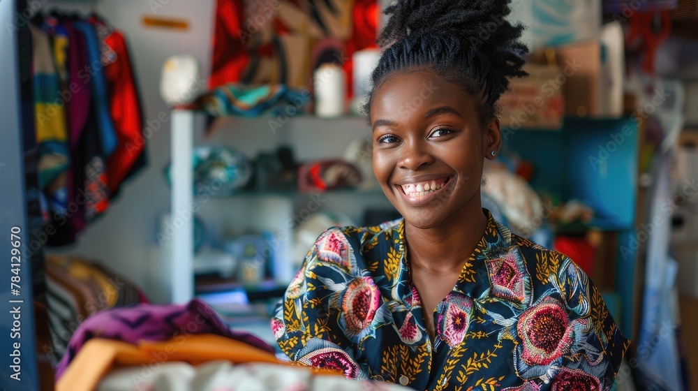 Portrait beautiful smile african american black sme designer woman work computer tailer fabric fashion small business workshop. Owner entrepreneur creative girl textile garment business sme concept