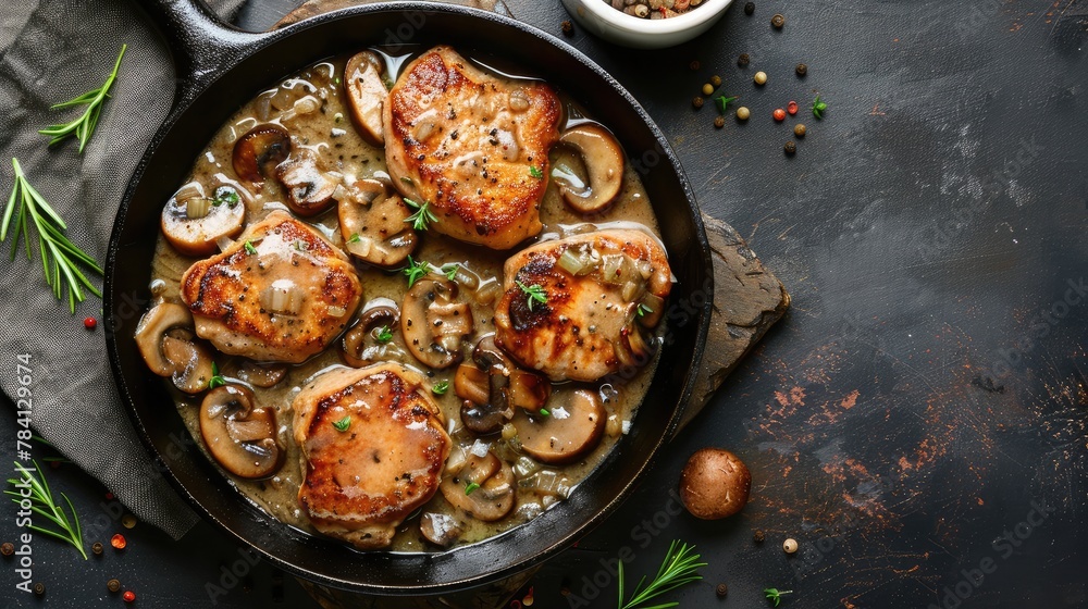 Pork medallions with mushroom gravy in cast iron pan over dark stone background. Top view, flat lay Pork medallions with mushroom gravy in cast iron pan over dark stone background. Top view, flat lay