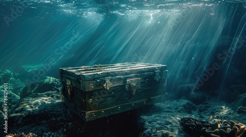 photo of treasure chest submerged underwater with light rays photo