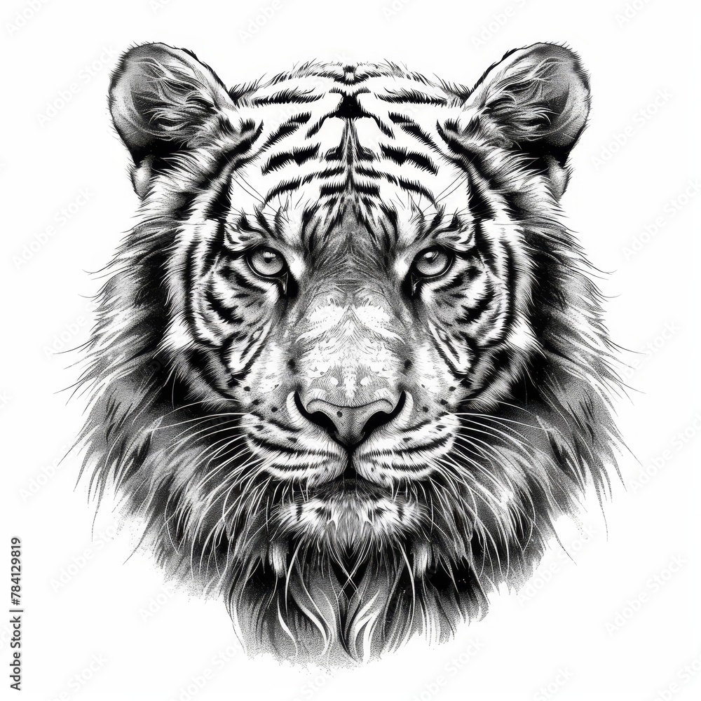 A black and white sketch of a tiger's face, with its eyes narrowed and its mouth closed. A black and white sketch of a tiger's face, with its eyes narrowed and its mouth closed.