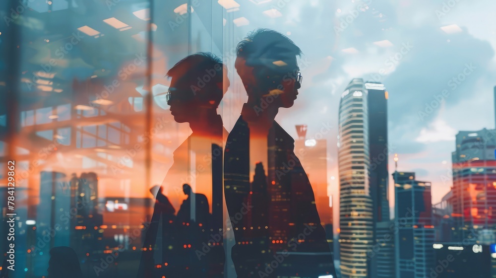 Silhouettes of business people working at corporate office in downtown. Work hard and business development concept. Double exposure Silhouettes of business people working at corporate office in downtown. Work hard and business development concept. Double exposure