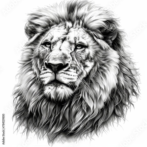 A black and white sketch of a lion s head  with a majestic expression and detailed fur.