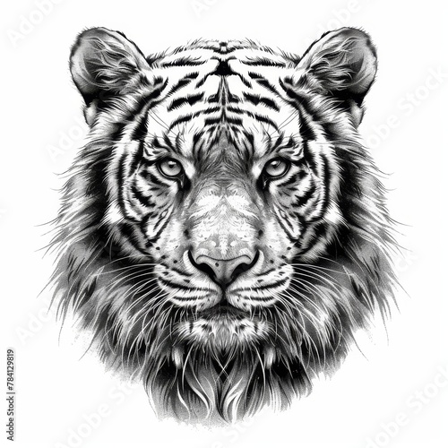 A black and white sketch of a tiger's face, with its eyes narrowed and its mouth closed.