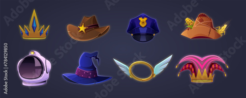 Set of vector hats in cartoon style. Character headdress, 2D game design, RPG, fantasy. Colorful set of isolated caps icons. Queen, sheriff, policeman, scarecrow, astronaut, wizard, angel, jester.