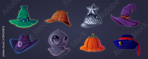 Set of vector hats in cartoon style. Character headdress, 2D game design, RPG, fantasy. Colorful set of hats icons. Hand drawn hats collection. Wizard, detective, celebrity, renegade, diver, pirate.