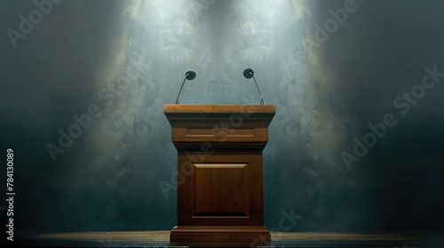 wooden speech podium with three small microphones attached on a dark background spotlit
