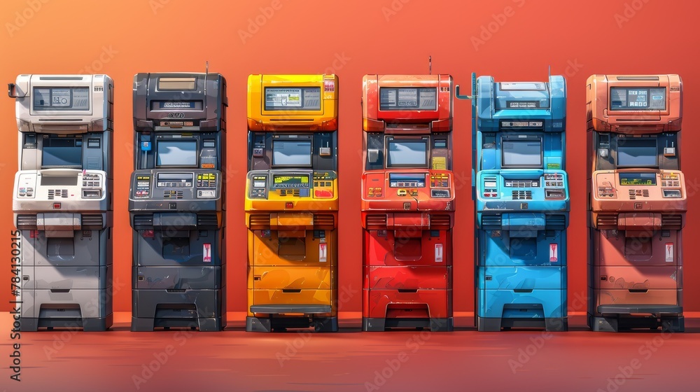 A row of retrofuturistic vending machines against a red background