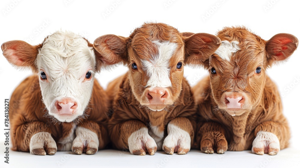 Fototapeta premium Three cute calves in a row on a white background