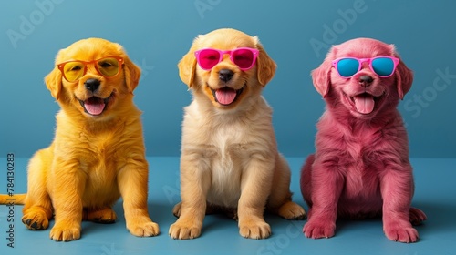 Three golden retriever puppies wearing sunglasses photo