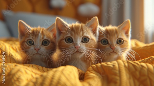Three cute ginger kittens on a yellow blanket looking at the camera