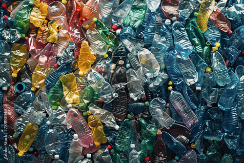 Top view background of heap of discarded plastic bottles. Recycling, zero waste and sustainability concept photo