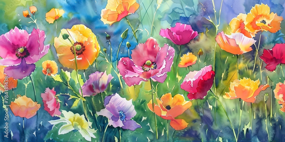 Floral watercolor, summer garden bloom, vibrant hues, sunlit, panoramic banner.