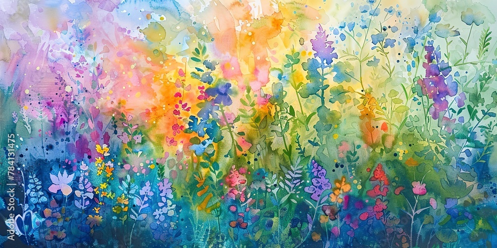 Banner, wildflower meadow in watercolor, rainbow hues, daylight, wide landscape. 