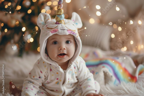 Baby wearing a unicorn onesie, surrounded by magical fairy lights.