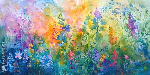 Banner, wildflower meadow in watercolor, rainbow hues, daylight, wide landscape. 