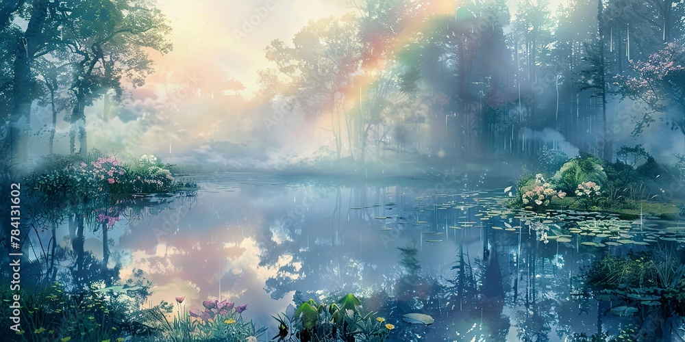 Spring rain, watercolor banner, rainbow through mist, puddle reflections, twilight, wide view. Spring rain, watercolor banner, rainbow through mist, puddle reflections, twilight, wide view.