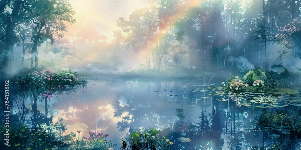 Spring rain, watercolor banner, rainbow through mist, puddle reflections, twilight, wide view.