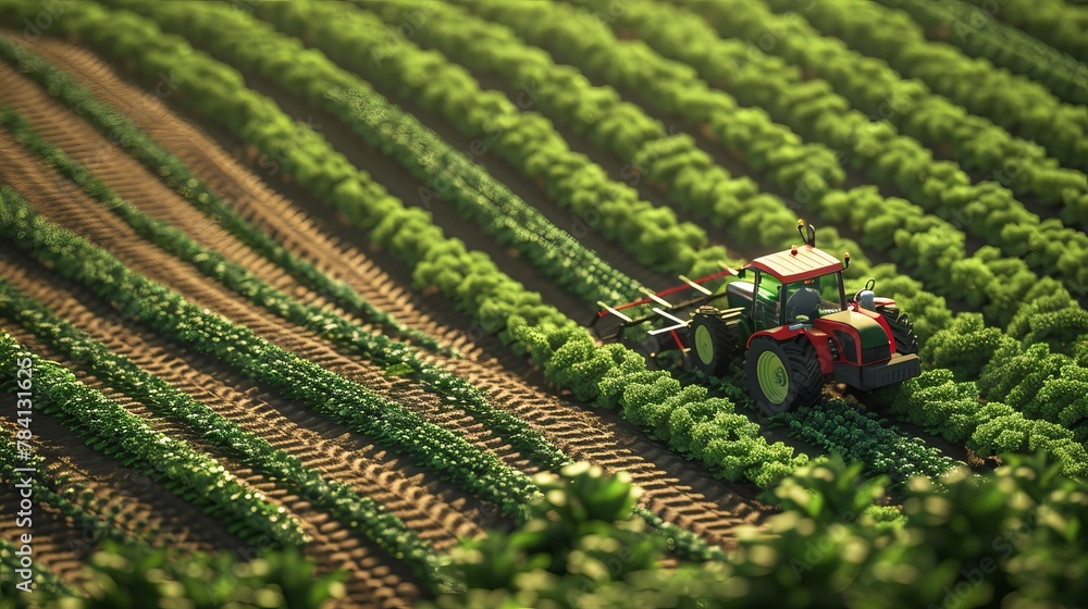 A 3D rendered farm scene features green farmland with crops and a tractor isolated on a piece of land, illustrating smart farming and modern agricultural techniques A 3D rendered farm scene features green farmland with crops and a tractor isolated on a piece of land, illustrating smart farming and modern agricultural techniques
