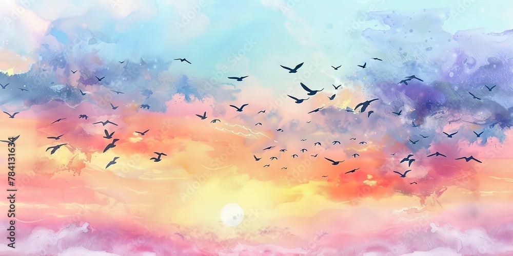 Watercolor bird migration, spring sky backdrop, pastel banner, flight at dusk, wide scene. - Watercolor bird migration, spring sky backdrop, pastel banner, flight at dusk, wide scene. -