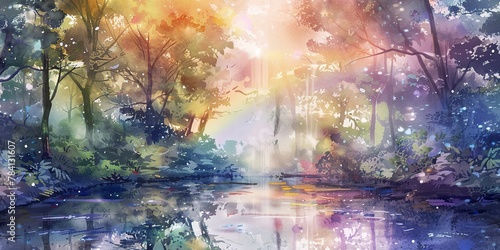 Spring rain, watercolor banner, rainbow through mist, puddle reflections, twilight, wide view.
