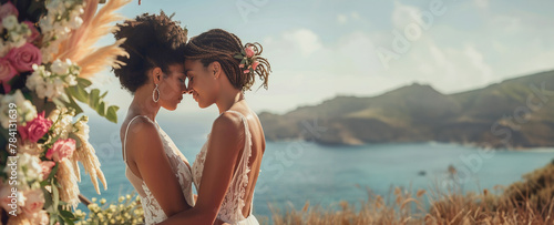 Romantic lesbian couple in their wedding day posing next to an arch of flowers at venue by the sea photo