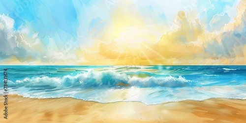 Watercolor banner, sun-kissed beach, azure waves, golden sand, sunset glow, wide panorama.  #784131674