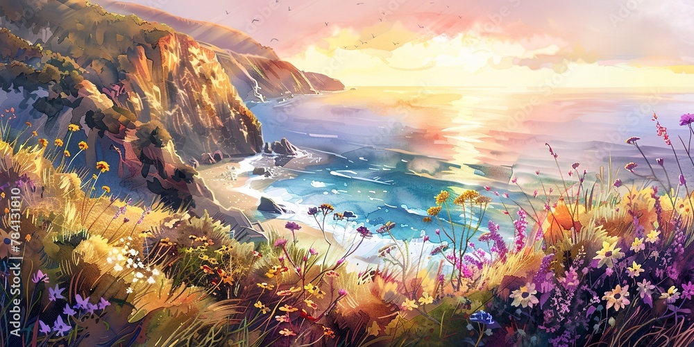 Watercolor banner, coastal cliffs, wildflowers facing the sea, golden hour, wide perspective. 