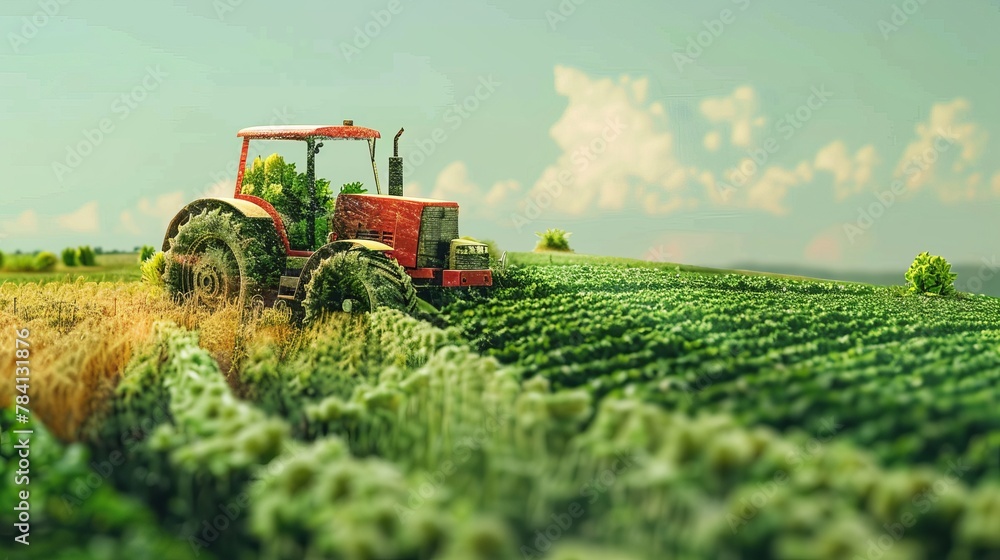 A double exposure of green farmland crops and a red tractor is shown in a 3D illustration, creatively blending farm landscapes with agricultural machinery A double exposure of green farmland crops and a red tractor is shown in a 3D illustration, creatively blending farm landscapes with agricultural machinery