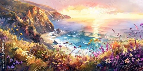Watercolor banner, coastal cliffs, wildflowers facing the sea, golden hour, wide perspective.  photo