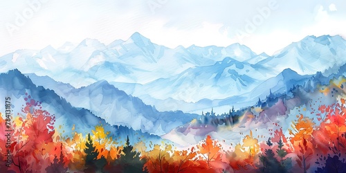 Banner, watercolor mountain range, autumn foliage, clear blue sky, noon light, wide perspective. 