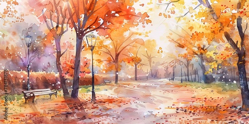 Watercolor banner  city park in fall  scattered leaves  warm palette  twilight  wide ambiance.