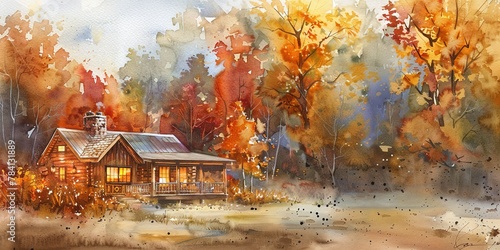 Banner, cozy autumn cabin, watercolor, nestled in changing leaves, dusk, panoramic serenity. 