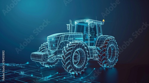 A farm tractor concept in 3D vector illustration is presented in a wireframe style, separating visible and invisible lines to highlight technology in agriculture photo