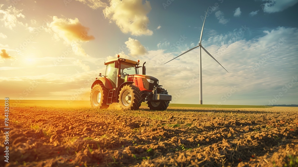 A farmer is depicted driving a tractor below a wind turbine in a sunny rural field, illustrating sustainable farming practices - obrazy, fototapety, plakaty 