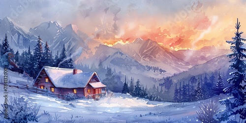 Watercolor banner, cozy mountain cabin, smoke rising, snow-covered, twilight, wide warmth. 
