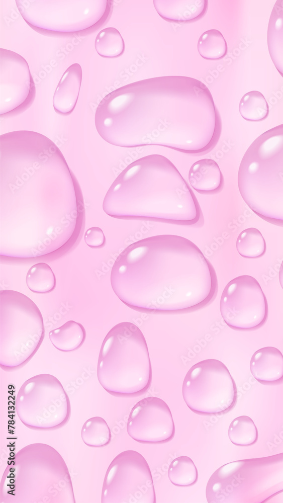 Pink waterdrop story background. Condensate serum or essence drops. Cosmetic ad banner.
