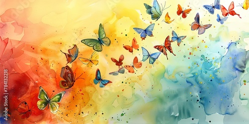 Banner, butterfly migration, watercolor, symbols of renewal, vibrant colors, morning, wide journey.
