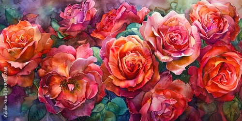 Watercolor banner  bouquet of roses  vibrant reds  dew-kissed  midday  wide  timeless affection.